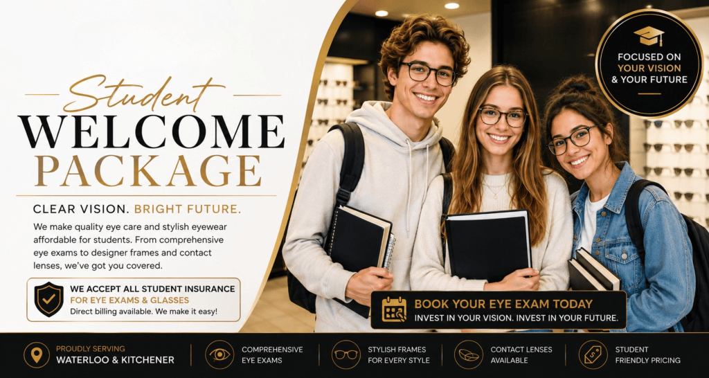 EYELUX Optical Student Welcome Package featuring students wearing eyeglasses, student eye exams and glasses, student insurance coverage, and eyewear services in Waterloo and Kitchener.